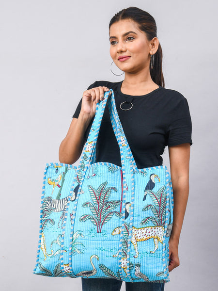 Jaipuri tiger Print Tote Bag Indian Cotton Quilted Tote Bag Shopping Carry Bag Hand Bag Shoulder Market Daily Use Tote Bag - 2