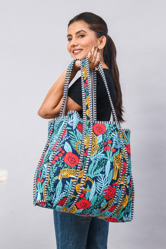 Handmade Patchwork flower print blue Tote Bag, Indian Making Quilted Tote Bags, Eco Friendly Boho Shopper Bags, Vintage