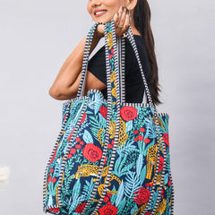 Handmade Patchwork flower print blue Tote Bag, Indian Making Quilted Tote Bags, Eco Friendly Boho Shopper Bags, Vintage