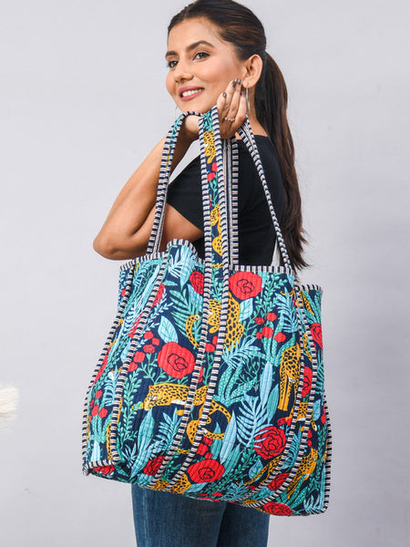 Handmade Patchwork flower print blue Tote Bag, Indian Making Quilted Tote Bags, Eco Friendly Boho Shopper Bags, Vintage Shoulder Bag, Women's Carry Bag