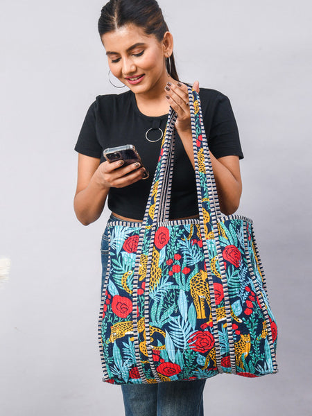 Handmade Patchwork flower print blue Tote Bag, Indian Making Quilted Tote Bags, Eco Friendly Boho Shopper Bags, Vintage Shoulder Bag, Women's Carry Bag