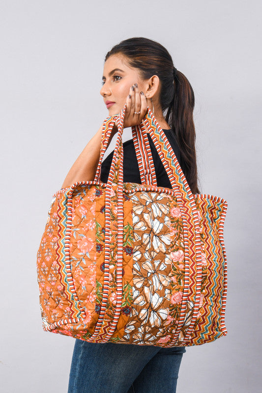 Jaipuri flower Print Tote Bag Indian Cotton Quilted Tote Bag Shopping Carry Bag Hand Bag Shoulder Market Daily Use Tote Bag