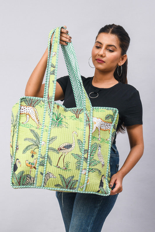 Jaipuri Tiger Print Tote Bag Indian Cotton Quilted Tote Bag Shopping Carry Bag Hand Bag Shoulder Market Daily Use Tote Bag - 1