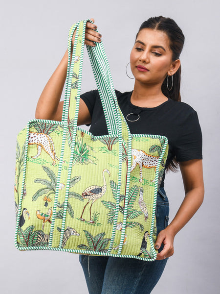 Jaipuri Tiger Print Tote Bag Indian Cotton Quilted Tote Bag Shopping Carry Bag Hand Bag Shoulder Market Daily Use Tote Bag - 1