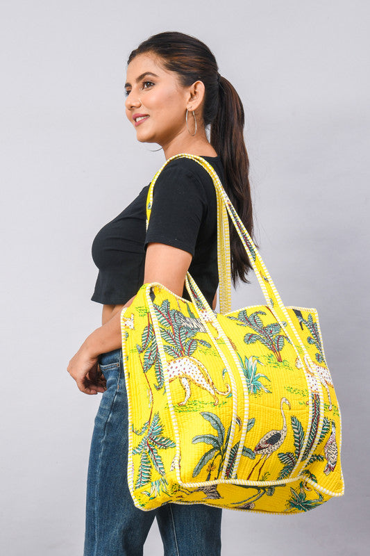 Handmade Patchwork yellow Tote Bag, tiger print Indian Making Quilted Tote Bags, Eco Friendly Boho Shopper Bags, Vintage
