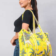 Handmade Patchwork yellow Tote Bag, tiger print Indian Making Quilted Tote Bags, Eco Friendly Boho Shopper Bags, Vintage