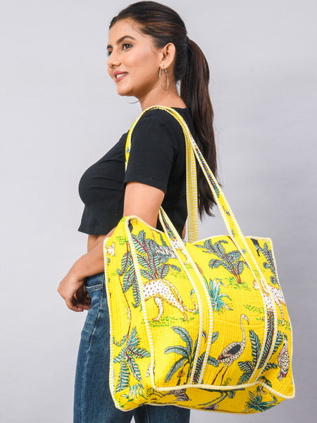 Handmade Patchwork yellow Tote Bag, tiger print Indian Making Quilted Tote Bags, Eco Friendly Boho Shopper Bags, Vintage Shoulder Bag, Women's Carry Bag