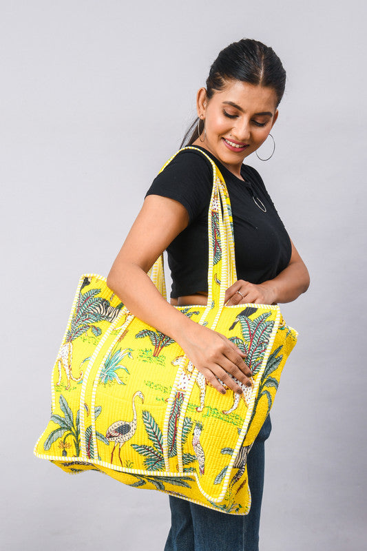 Handmade Patchwork yellow Tote Bag, tiger print Indian Making Quilted Tote Bags, Eco Friendly Boho Shopper Bags, Vintage