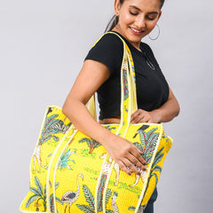Handmade Patchwork yellow Tote Bag, tiger print Indian Making Quilted Tote Bags, Eco Friendly Boho Shopper Bags, Vintage