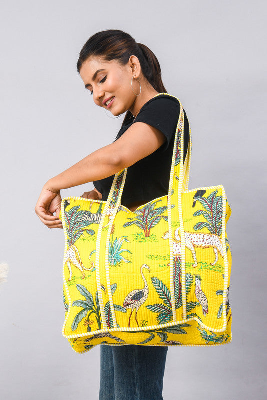 Handmade Patchwork yellow Tote Bag, tiger print Indian Making Quilted Tote Bags, Eco Friendly Boho Shopper Bags, Vintage