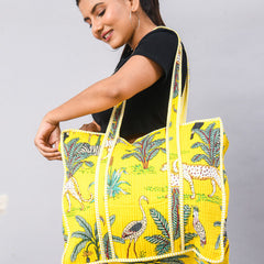 Handmade Patchwork yellow Tote Bag, tiger print Indian Making Quilted Tote Bags, Eco Friendly Boho Shopper Bags, Vintage