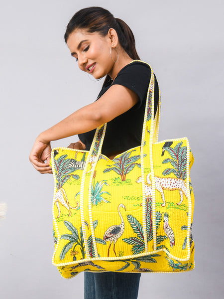 Handmade Patchwork yellow Tote Bag, tiger print Indian Making Quilted Tote Bags, Eco Friendly Boho Shopper Bags, Vintage Shoulder Bag, Women's Carry Bag