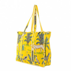 Handmade Patchwork yellow Tote Bag, tiger print Indian Making Quilted Tote Bags, Eco Friendly Boho Shopper Bags, Vintage