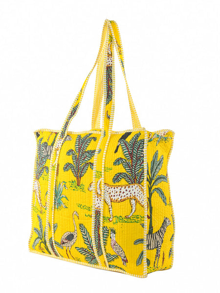 Handmade Patchwork yellow Tote Bag, tiger print Indian Making Quilted Tote Bags, Eco Friendly Boho Shopper Bags, Vintage Shoulder Bag, Women's Carry Bag
