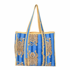 Jaipuri Tiger Print blue Tote Bag Indian Cotton Quilted Tote Bag Shopping Carry Bag Hand Bag Shoulder Market Daily Use Tote Bag