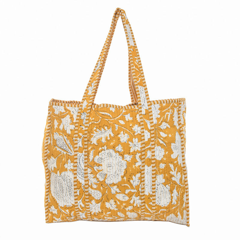 Jaipuri flower Print yellow Tote Bag Indian Cotton Quilted Tote Bag Shopping Carry Bag Hand Bag Shoulder Market Daily Use Tote Bag