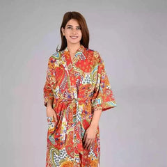 orange Floral Print Cotton Kimono Robe Pure Cotton Dressing Gown for Women