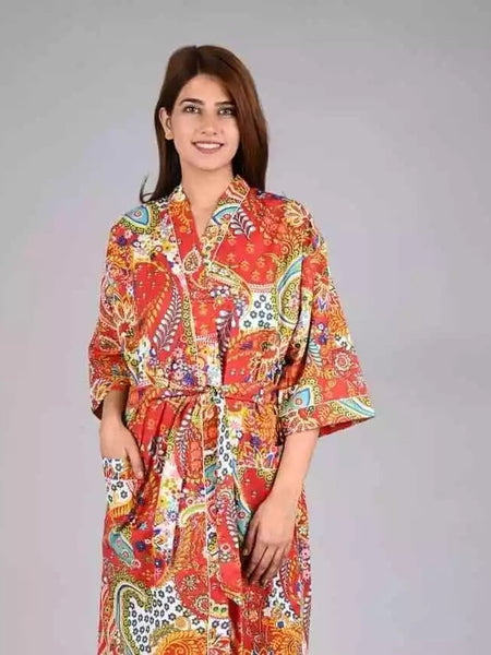 orange Floral Print Cotton Kimono Robe Pure Cotton Dressing Gown for Women