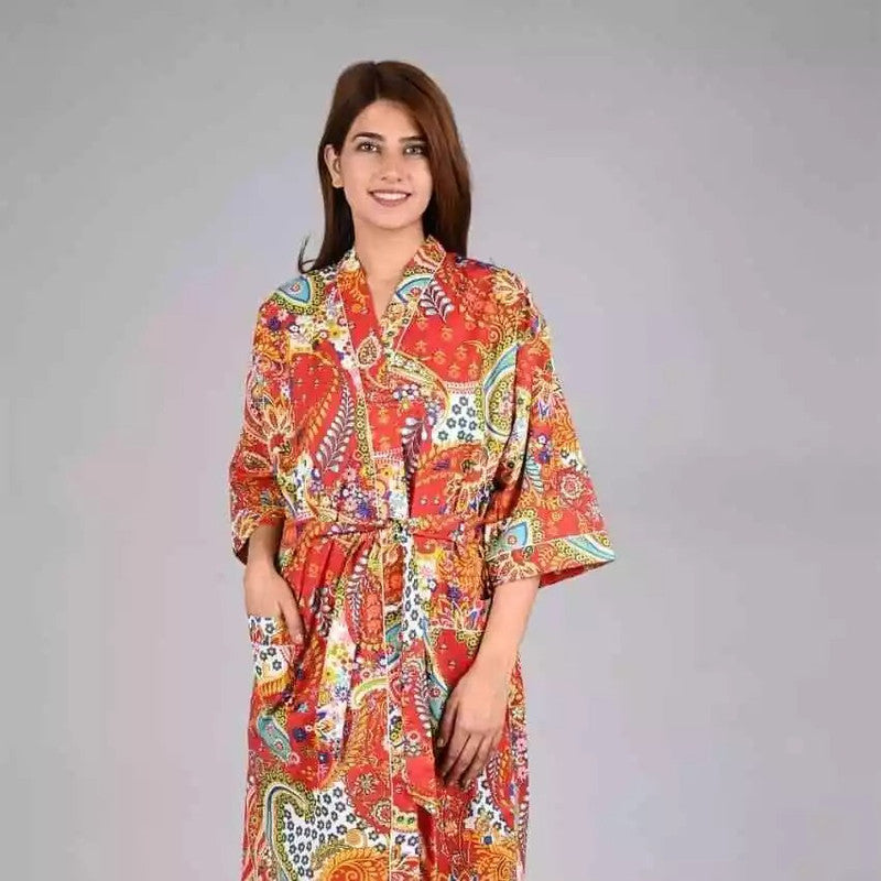 orange Floral Print Cotton Kimono Robe Pure Cotton Dressing Gown for Women