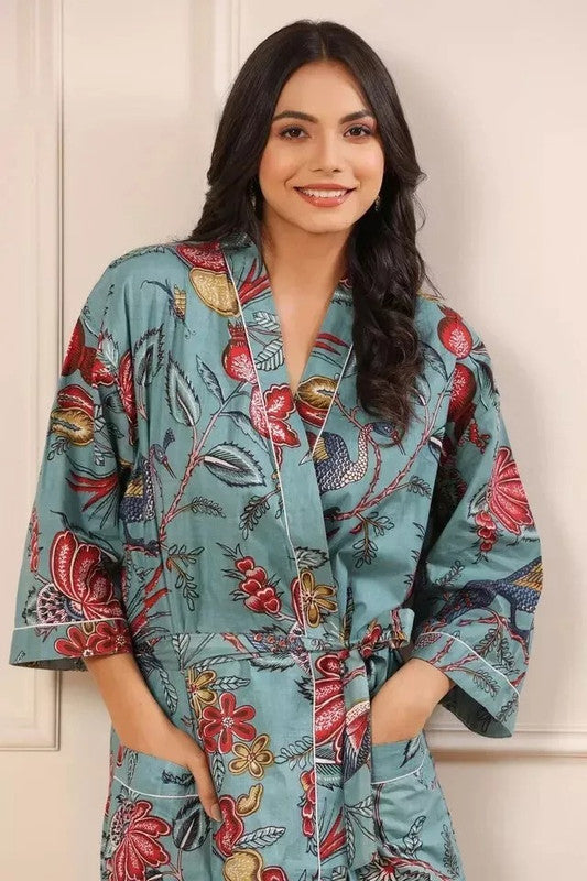 Grey Floral Print Cotton Kimono Robe Pure Cotton Dressing Gown for Women