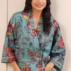 Grey Floral Print Cotton Kimono Robe Pure Cotton Dressing Gown for Women