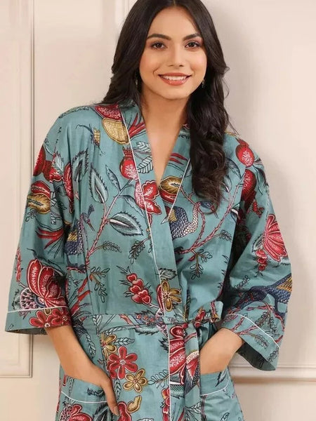 Grey Floral Print Cotton Kimono Robe Pure Cotton Dressing Gown for Women