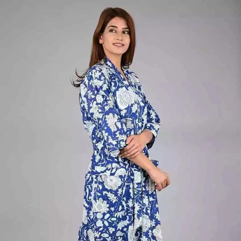Blue Floral Print Cotton Kimono Robe Pure Cotton Dressing Gown for Women