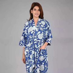 Blue Floral Print Cotton Kimono Robe Pure Cotton Dressing Gown for Women