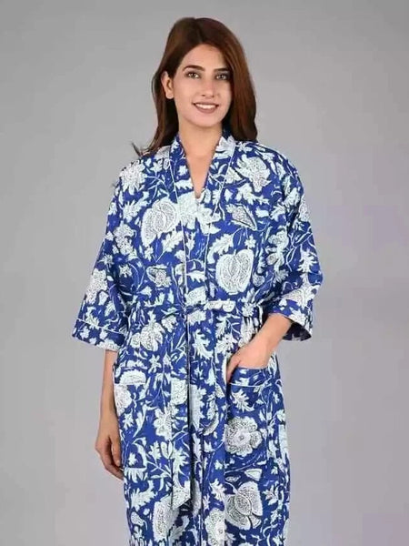 Blue Floral Print Cotton Kimono Robe Pure Cotton Dressing Gown for Women