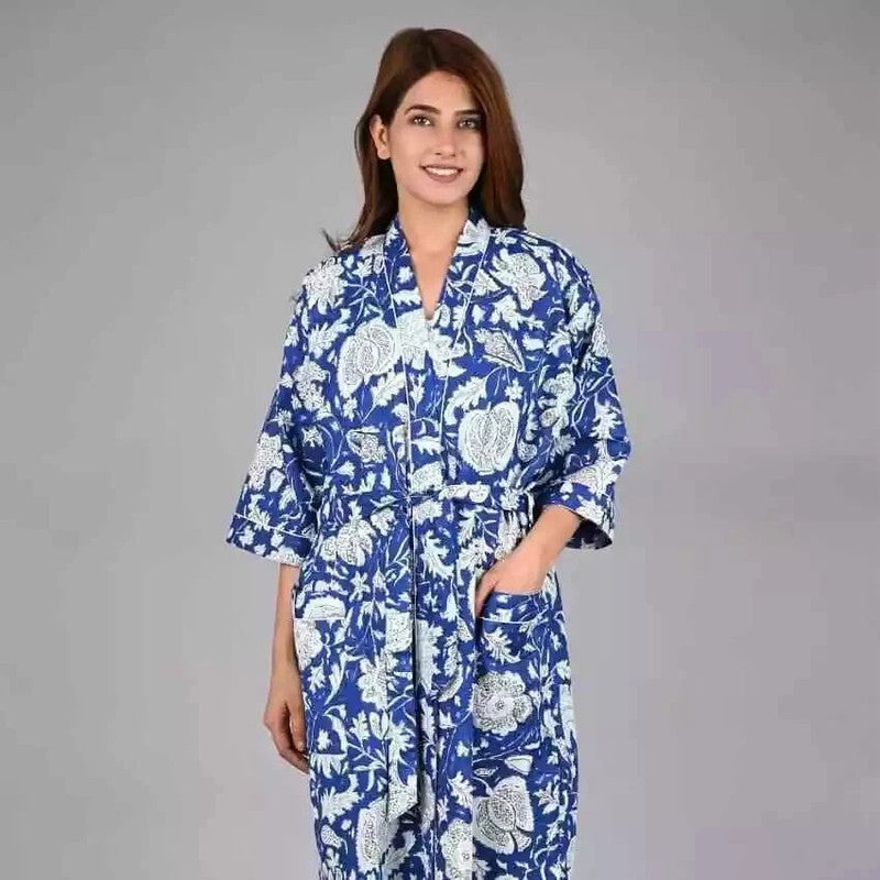 Blue Floral Print Cotton Kimono Robe Pure Cotton Dressing Gown for Women