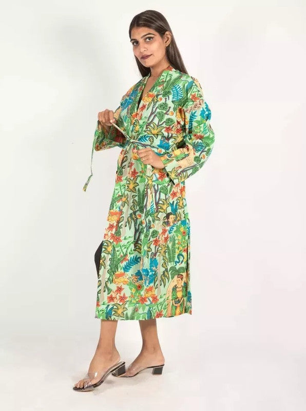 Women's Green Cotton Kimono Robe - Pure Cotton Dressing Gown