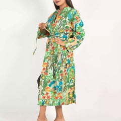 Women's Green Cotton Kimono Robe - Pure Cotton Dressing Gown