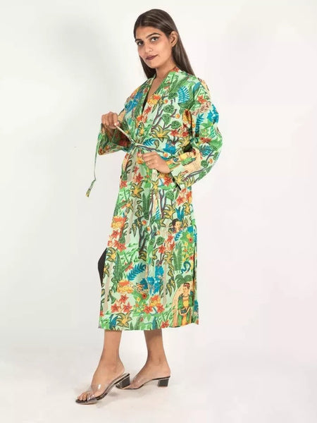 Women's Green Cotton Kimono Robe - Pure Cotton Dressing Gown