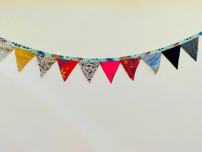 Recycled Bunting - SALE Handmade Sari Off Cuts, Eco-Friendly Decoration, Unique Colorful Flags, Vibrant Garden Garland