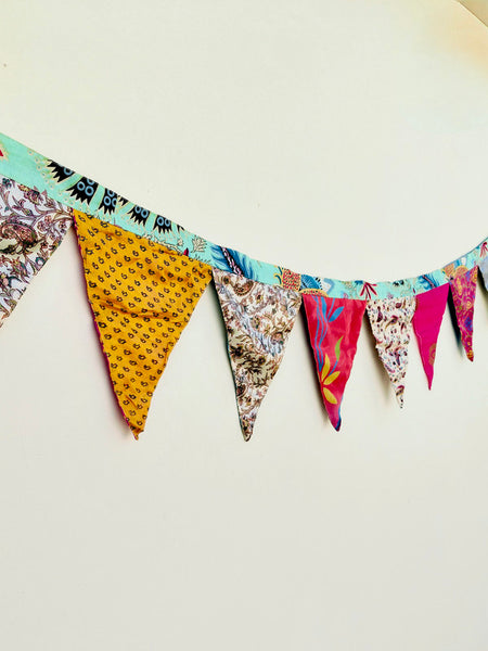 Recycled Bunting - SALE Handmade Sari Off Cuts, Eco-Friendly Decoration, Unique Colorful Flags, Vibrant Garden Garland