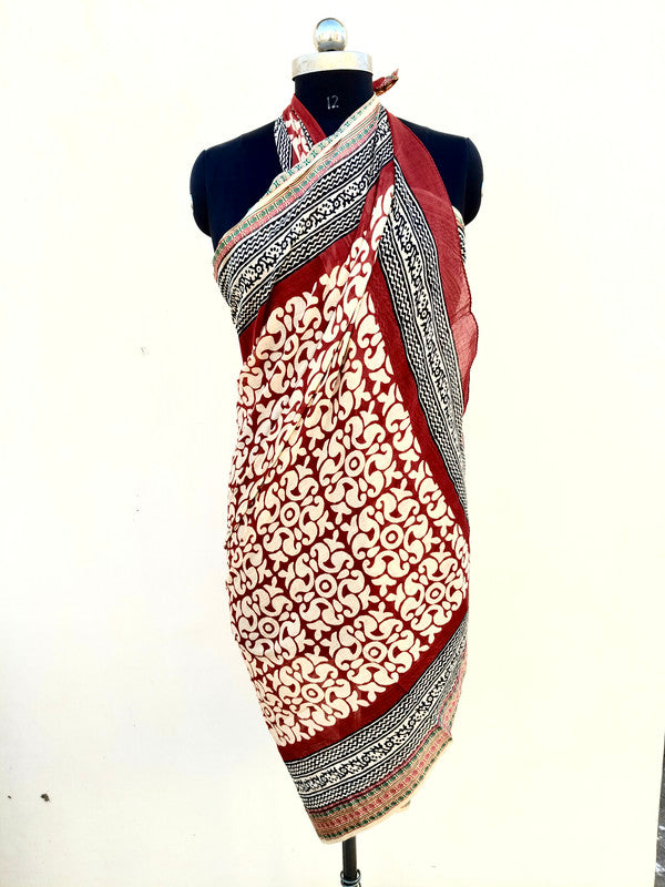 Hand Block Printed Cotton Sarongs & Scarves - Lightweight Summer Dupattas & Beachwear Gifts for Her - 21