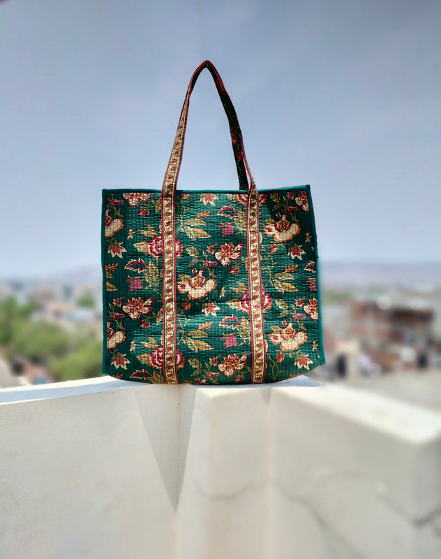 Eco-friendly premium Quilted Cotton Hand printed Reversible Large Tote bags/Large Cotton Weekender Travel Bag/Beach bag/Carrying Kids items - 2