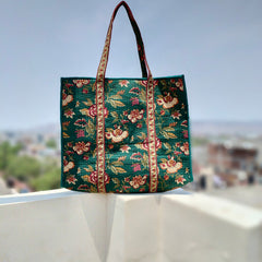 Eco-friendly premium Quilted Cotton Hand printed Reversible Large Tote bags/Large Cotton Weekender Travel Bag/Beach bag/Carrying Kids items - 2