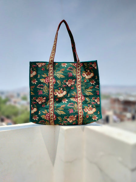 Eco-friendly premium Quilted Cotton Hand printed Reversible Large Tote bags/Large Cotton Weekender Travel Bag/Beach bag/Carrying Kids items - 2