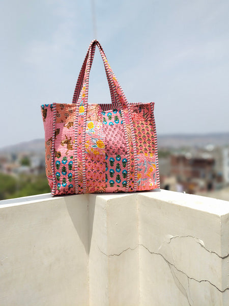 Handmade Patchwork Tote Bag, Indian Making Quilted Tote Bags, Eco Friendly Boho Shopper Bags, Vintage Shoulder Bag, Women's Carry Bag - 4