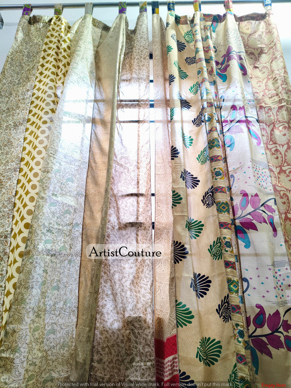 Handmade Indian Silk Saree Curtains Boho Patchwork Window Decor (Set of 2) - 1