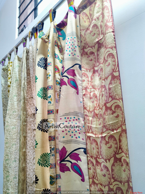 Handmade Indian Silk Saree Curtains Boho Patchwork Window Decor (Set of 2) - 1