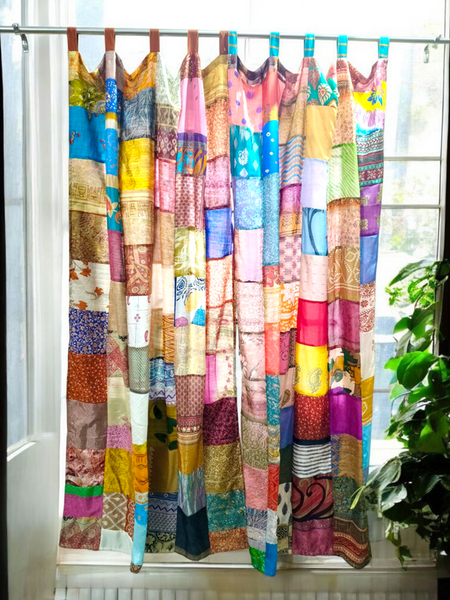 Handmade Indian Silk Saree Curtains Boho Patchwork Window Decor (Set of 2) - 4