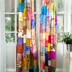 Handmade Indian Silk Saree Curtains Boho Patchwork Window Decor (Set of 2) - 4