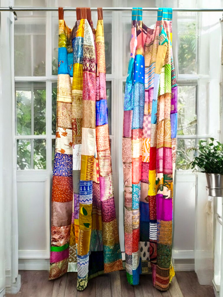 Handmade Indian Silk Saree Curtains Boho Patchwork Window Decor (Set of 2) - 4