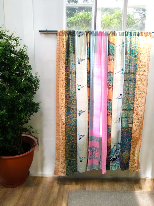 Handmade Indian Silk Saree Curtains Boho Patchwork Window Decor (Set of 2) - 5