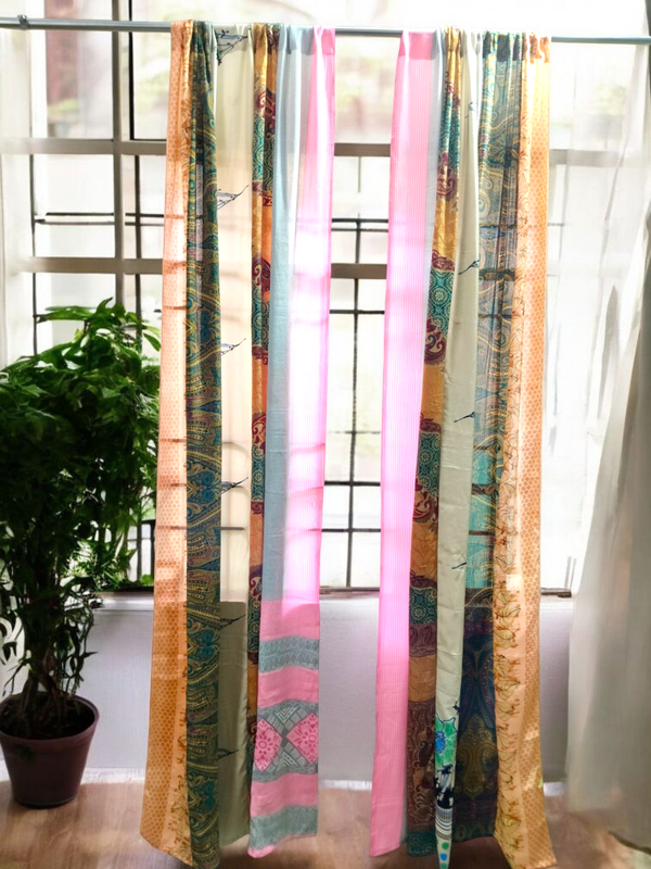 Handmade Indian Silk Saree Curtains Boho Patchwork Window Decor (Set of 2) - 5