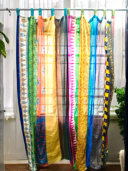 Handmade Indian Silk Saree Curtains Boho Patchwork Window Decor (Set of 2) - 6