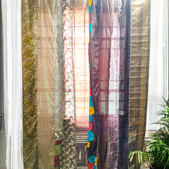 Handmade Indian Silk Saree Curtains Boho Patchwork Window Decor (Set of 2) - 2