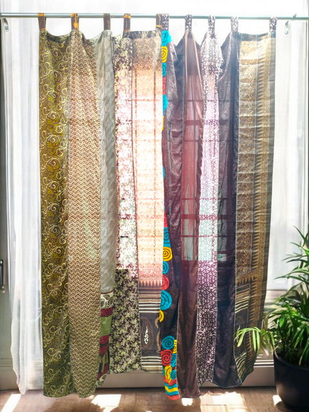Handmade Indian Silk Saree Curtains Boho Patchwork Window Decor (Set of 2) - 2